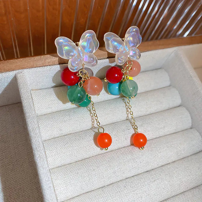 Silver Needle French Baroque Pearl Flower Tassel Earrings