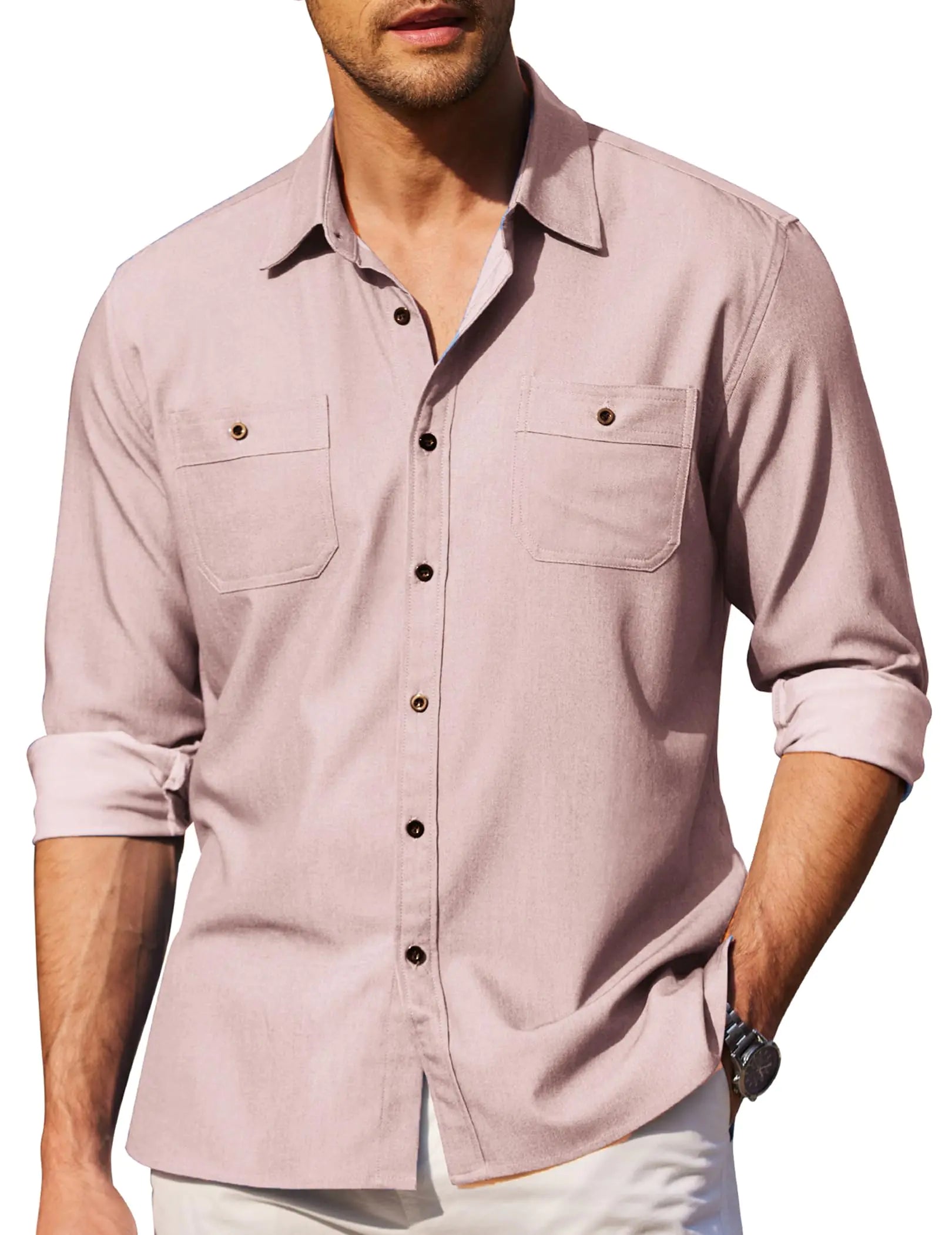 COOFANDY Mens Casual Button Down Shirts Long Sleeve Wrinkle Free Untucked Dress Shirts Pink