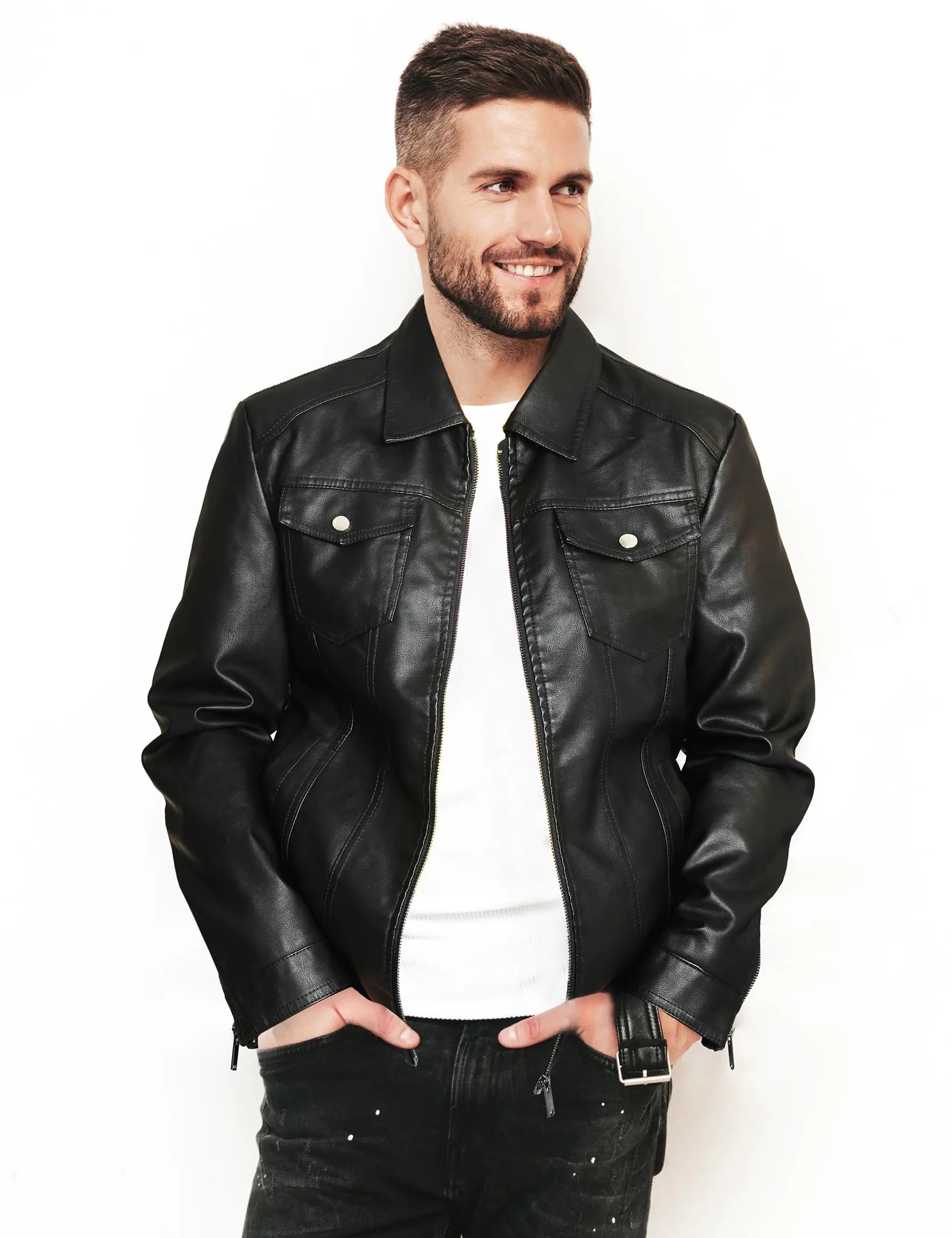 Woameyr Mens Leather Jackets Casual Faux Leather Motorcycle Jacket Biker Vintage Outwear Black XL