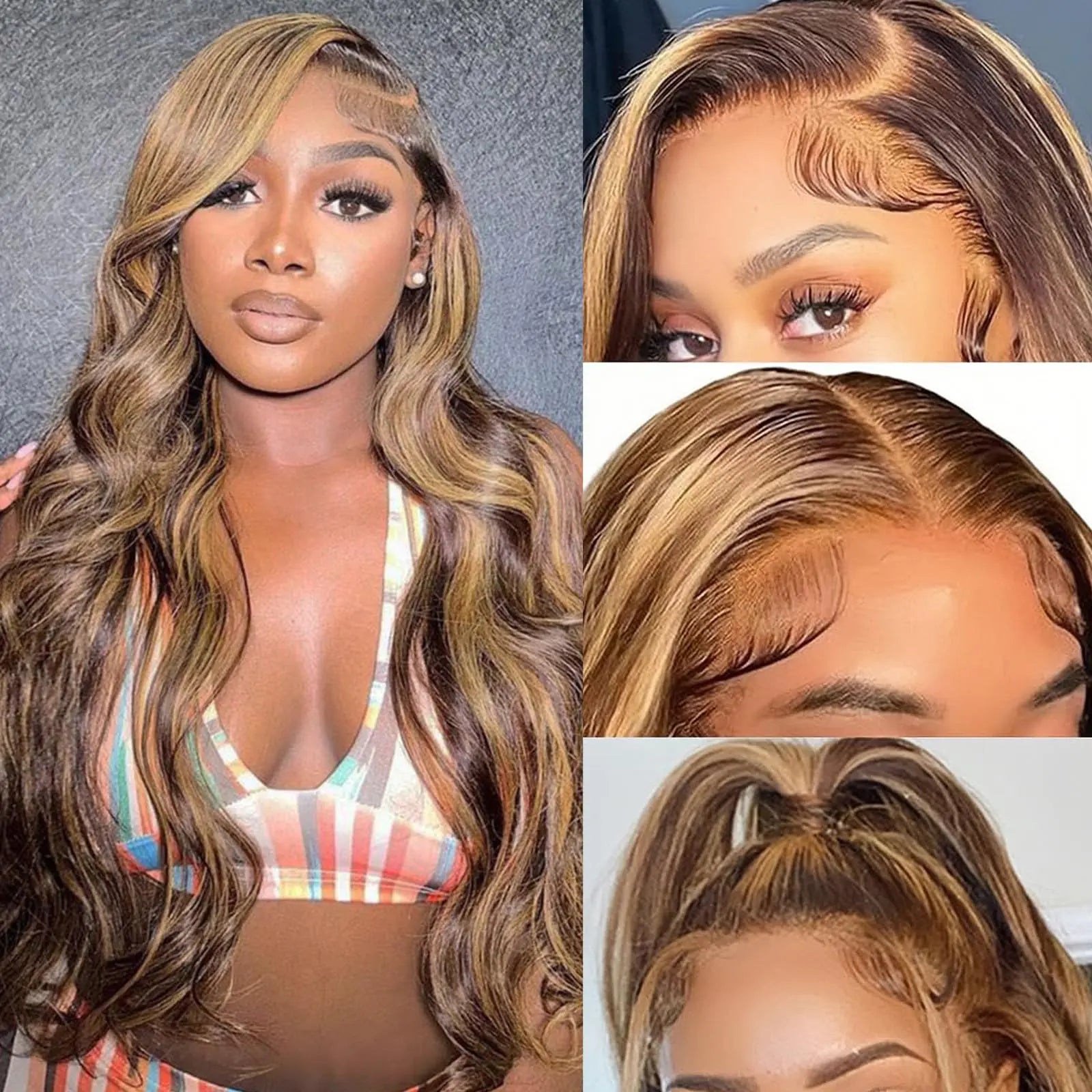 Honey Blonde Ombre Lace Front Wig Human Hair Highlight Body Wave 13X6 Lace Front Wigs Human Hair Pre Plucked HD Frontal 180 Density Glueless 4/27 Highlighted Human Hair Wig 24 Inch