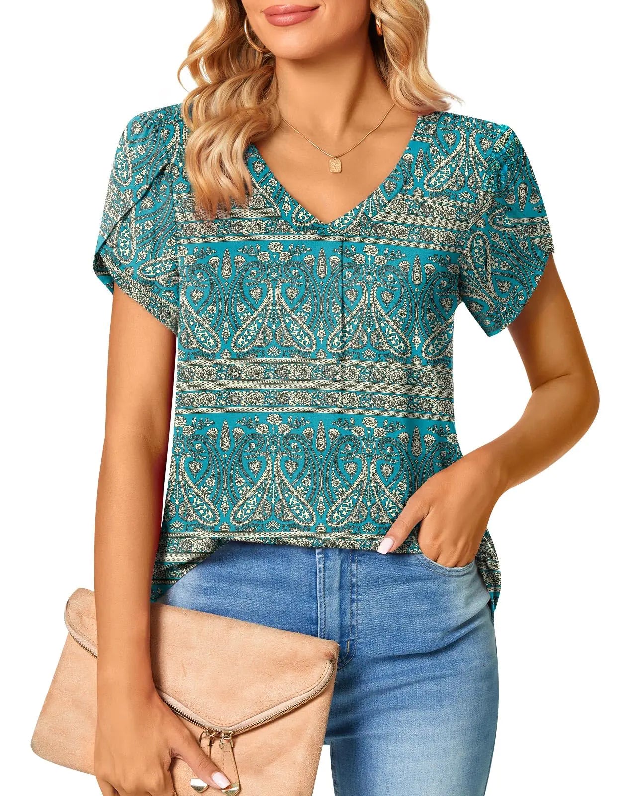 Bestbee Womens Plus Size Petal Sleeve Tops V Neck Short Sleeve Shirts Cute Summer Casual T-Shirts Loose Fit Blouses 3XL Blue-Khaki