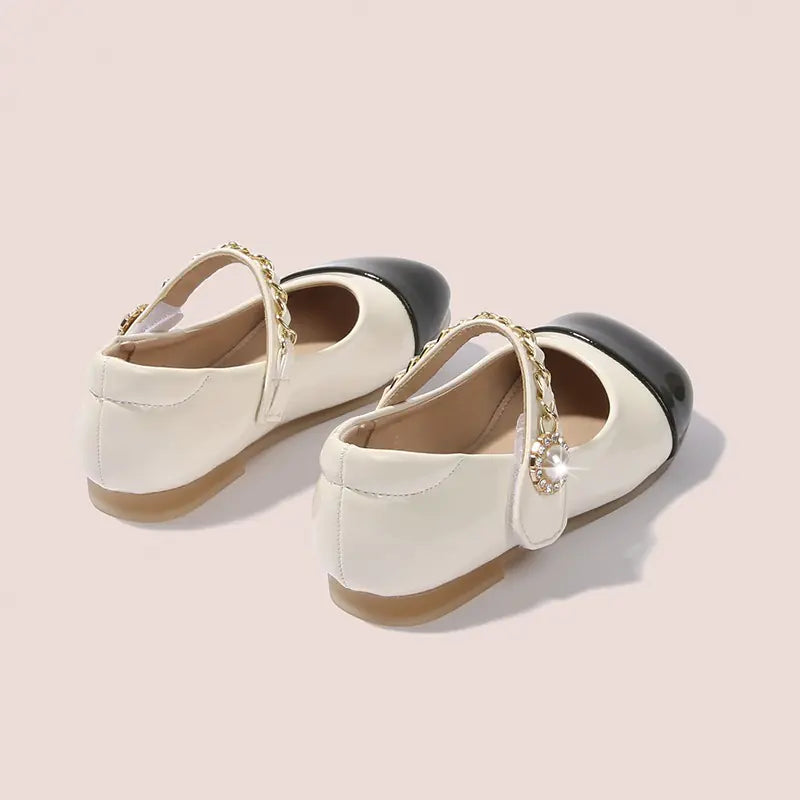 Kids Leather Mary Jane Flat Shoes with Pearl Chain