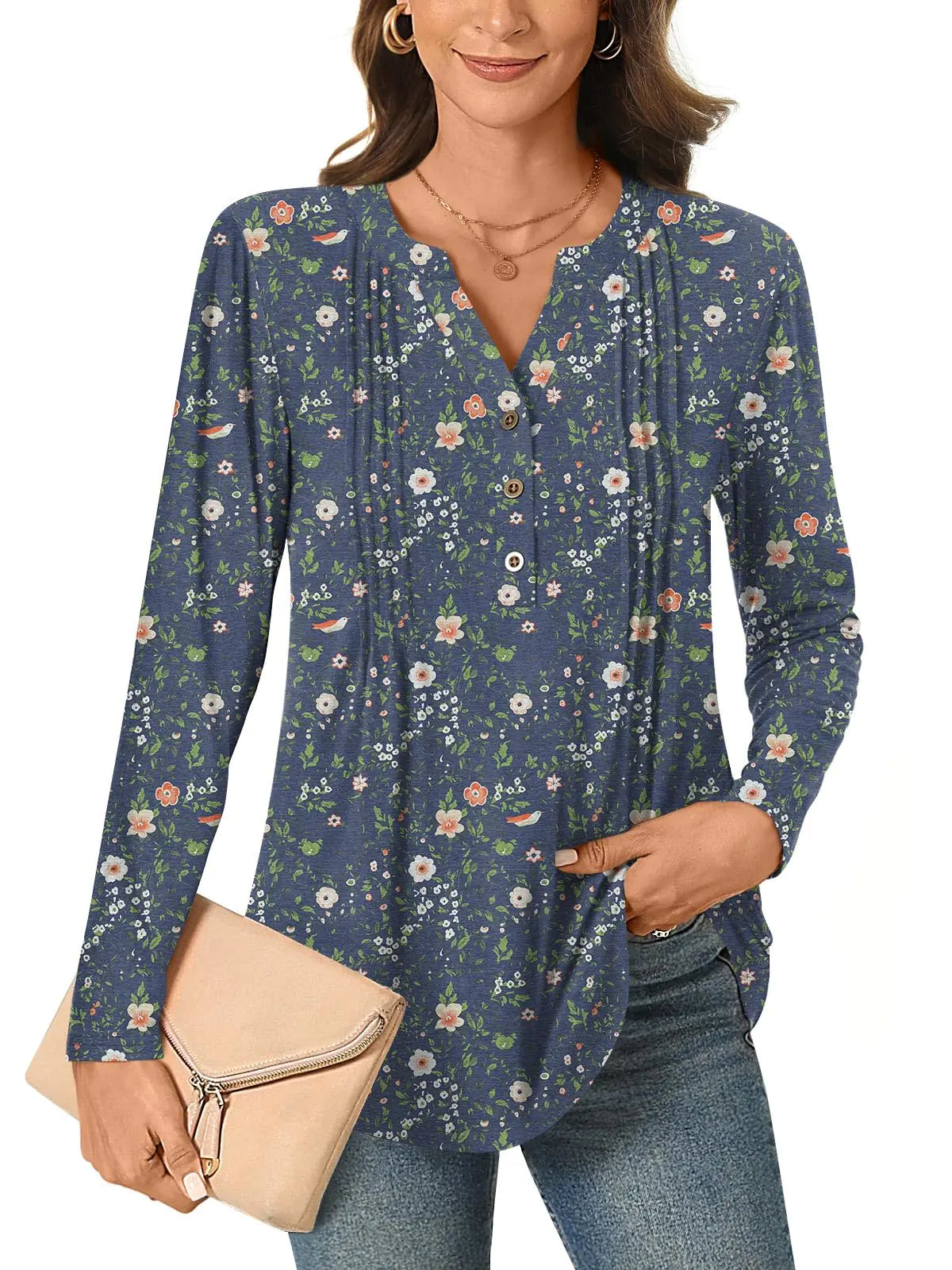 Bestbee Womens Long Sleeve Button-Down Shirts V Neck Tunic Tops 2024 Fall Tops Casual T-Shirts Dressy Blouses L Flowers-Navy Blue