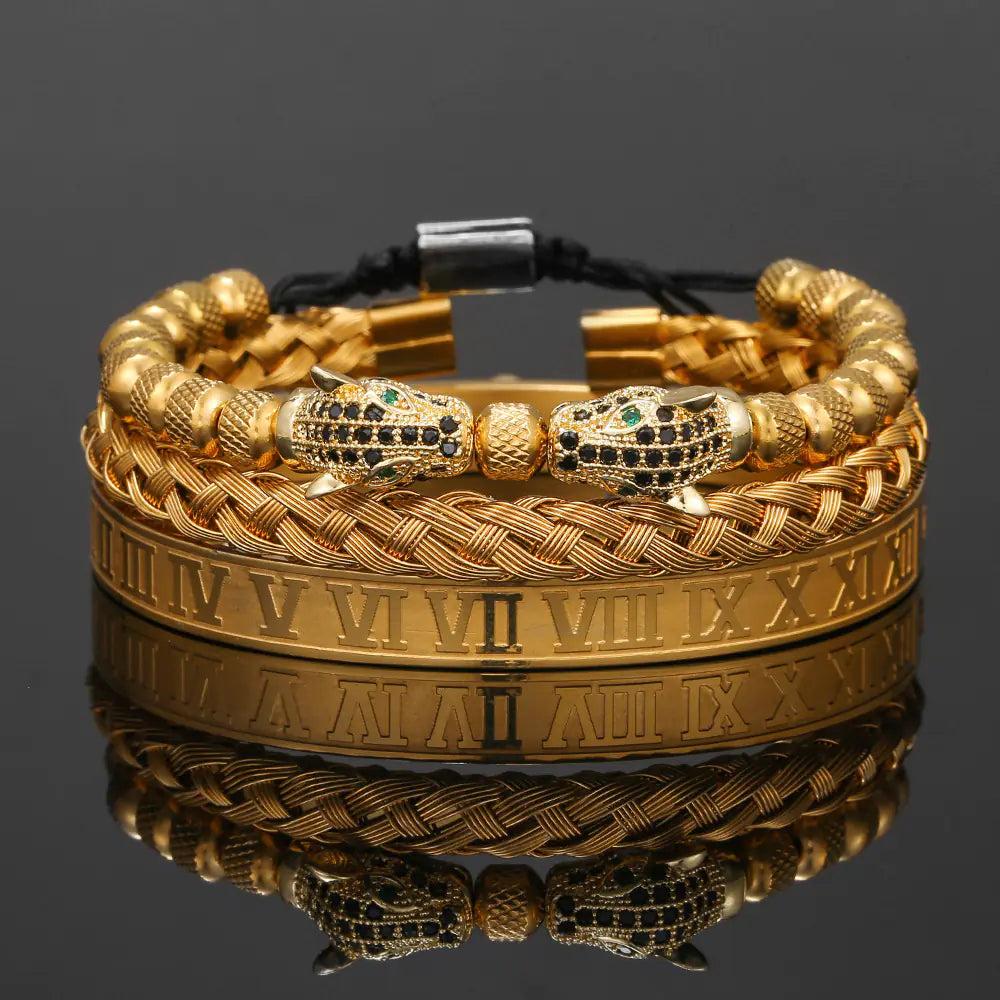 Men's Copper and Zircon Leopard Head Woven Bracelet Set