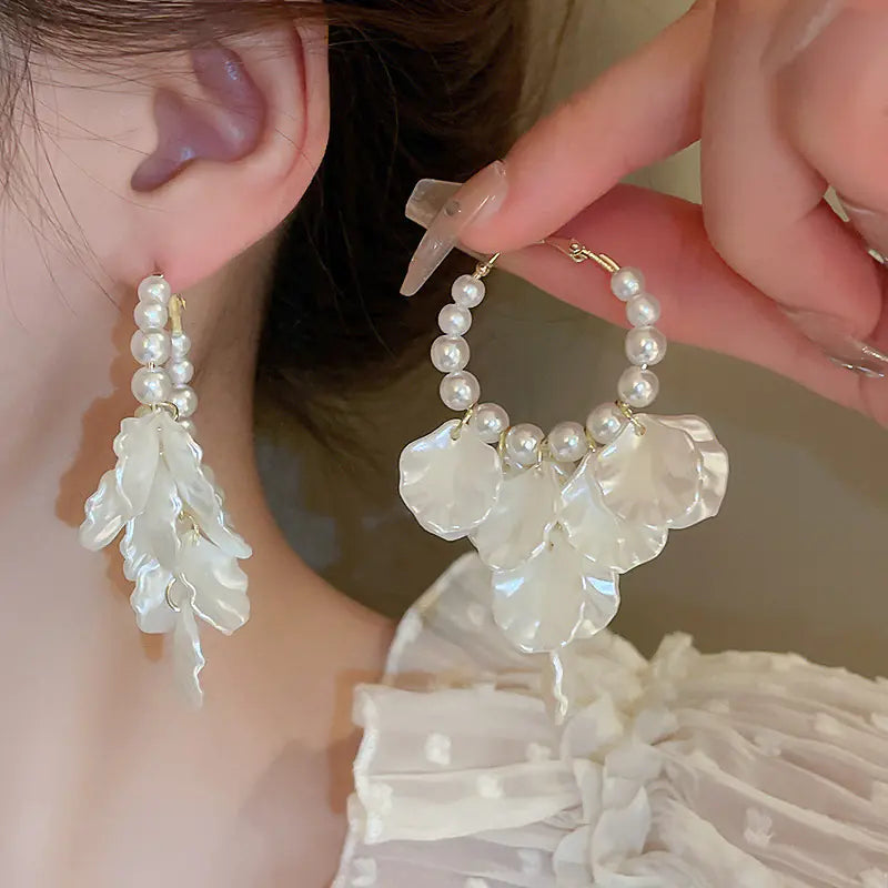 Silver Needle French Baroque Pearl Flower Tassel Earrings