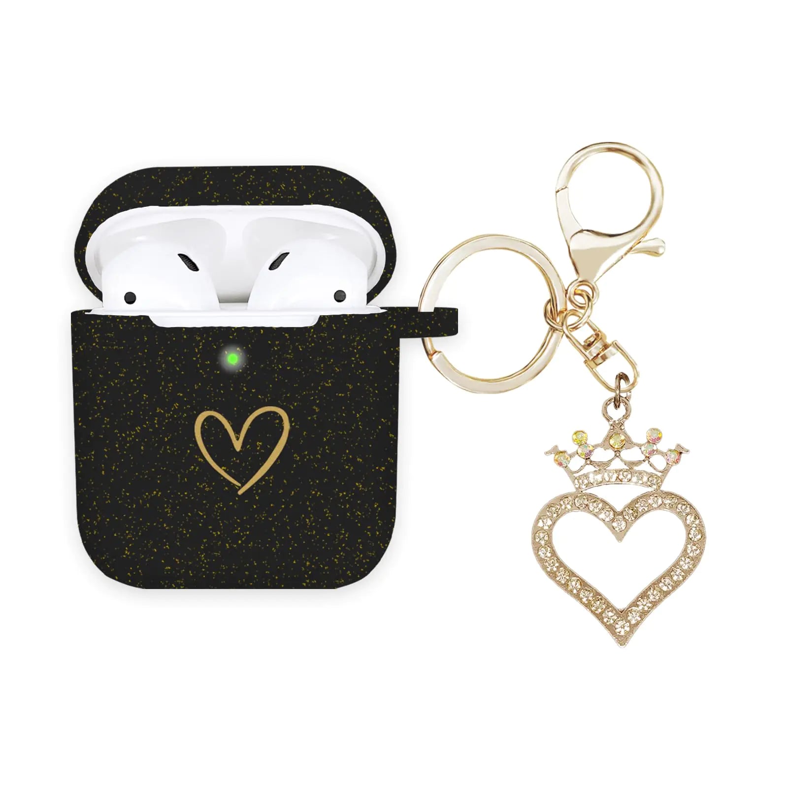 AIIEKZ Compatible with AirPods Case Cover Soft Silicone Case with Gold Heart Pattern for AirPods 2&1 Generation Case with Rhinestone Studded Love Heart Keychain (Glitter Black)