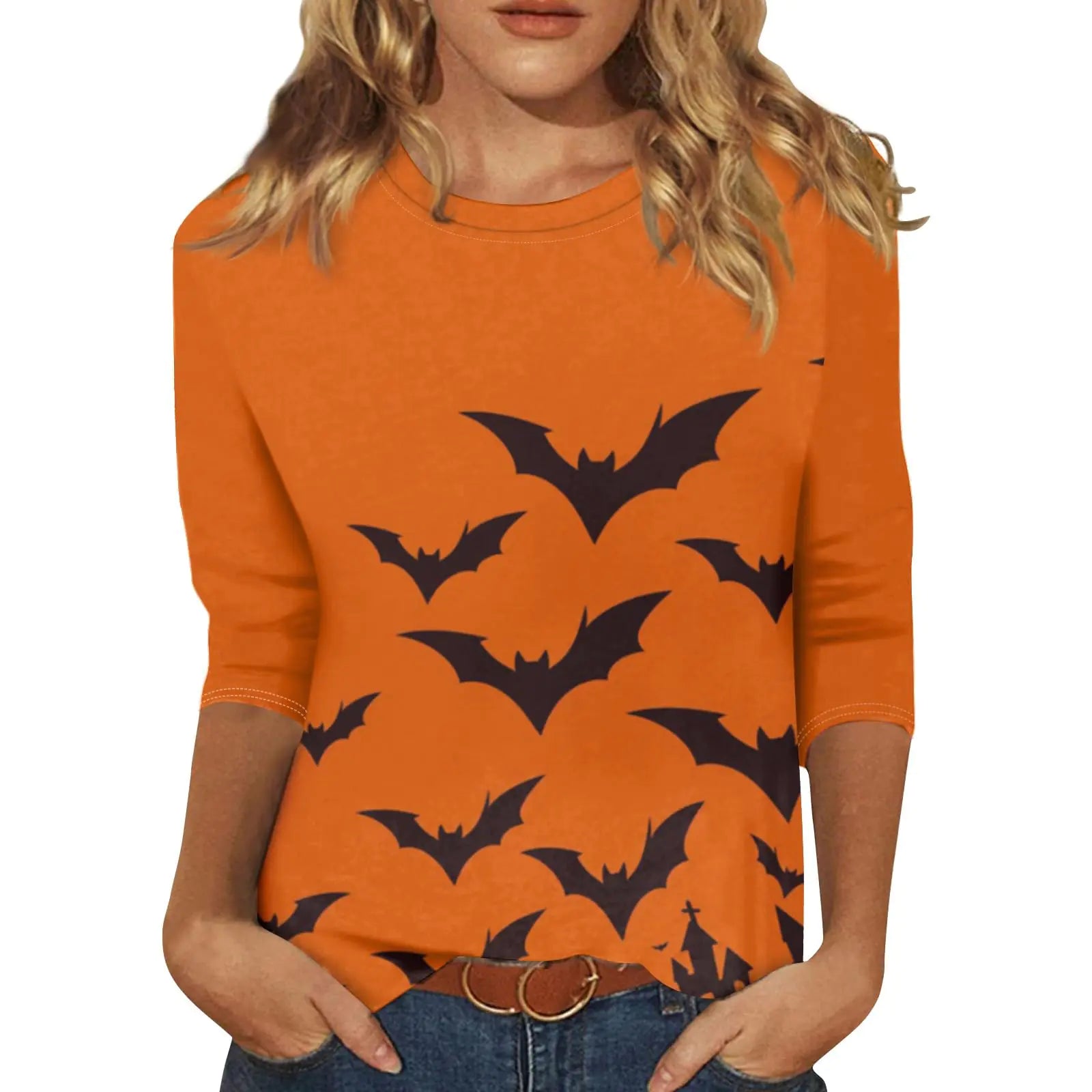Halloween Shirts for Women Halloween Costume Women Horror Fall Funny Loose Fit 3/4 Length Sleeve Tunic Tops Oversized Retro Halloween Clothes Bats Print Crewneck Pullover Orange 4X 5X