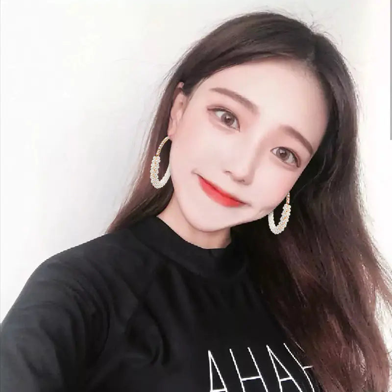 Korean Stylish Pearl Drop Earrings with Crystals