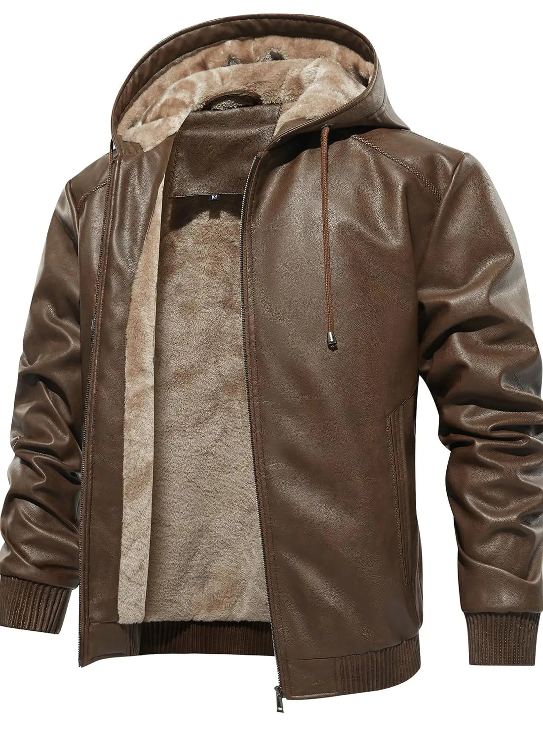 FANARCHER Men’s Faux Leather Jacket Fleece Padded Bomber Motorcycle Jacket with Hood