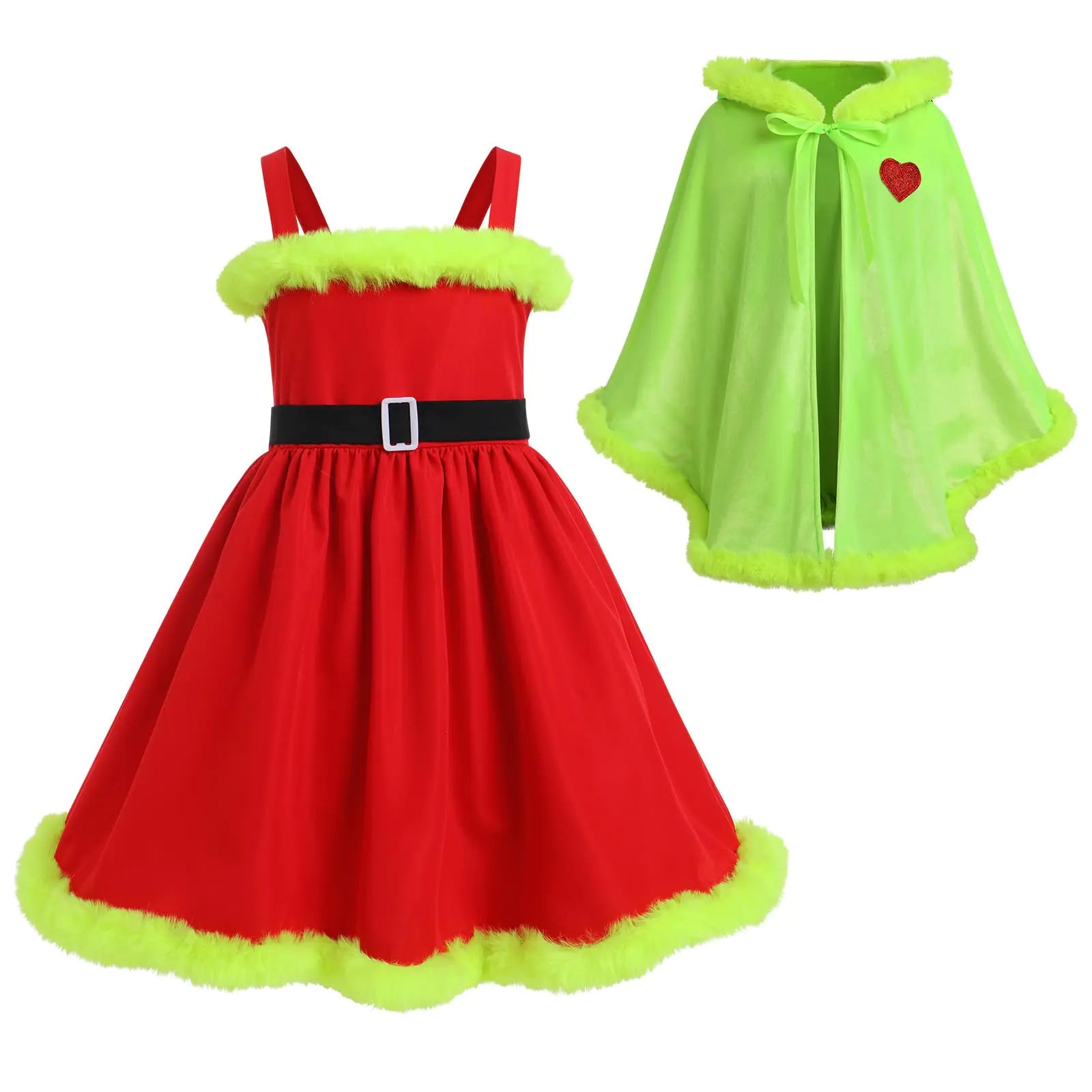 IDOPIP Toddler Kids Baby Girls Christmas Dresses Xmas Green Santa Dress with Hooded Cloak Velvet Cape 2PCS Princess Christmas Birthday Party Holiday Dress up Costume Outfit Green - Kids 2-3 Years