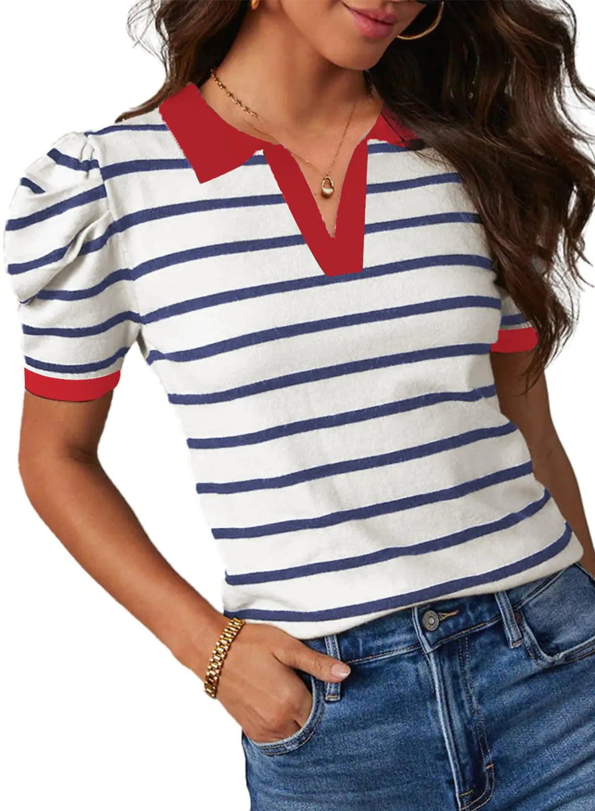 Dokotoo Short Puff Sleeve Shirts for Womens Fashion Knit Tops Trendy Collared T Shirts V Neck Dressy Ladies Tops and Blouses Business Casual Polo Shirts Womens Clothes Blue White Stripes Shirts M