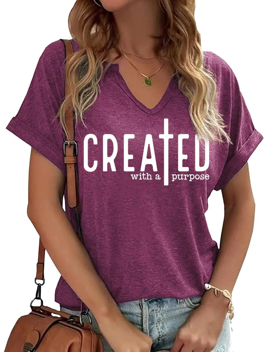 Womens Boho Christian V Neck Shirt Casual Jesus Faith Bible Verse Inspirational Graphic Tee Tops(512-RedS)