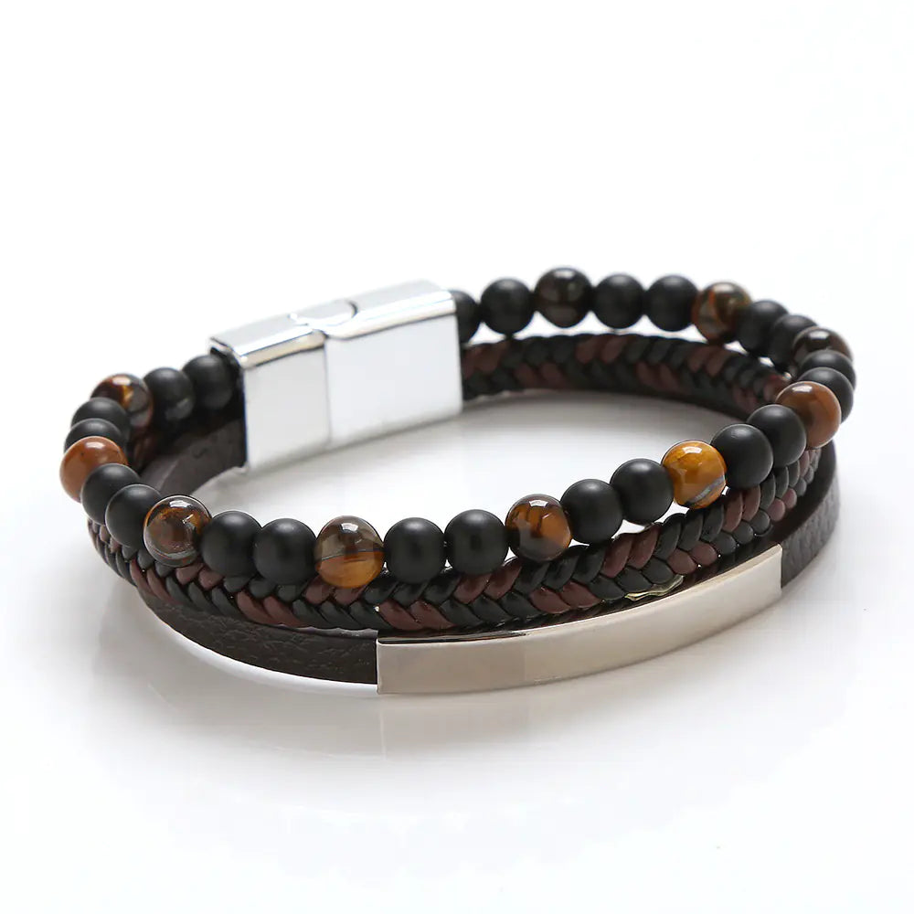 Men's Stainless Steel Leather Bracelet with Magnetic Clasp