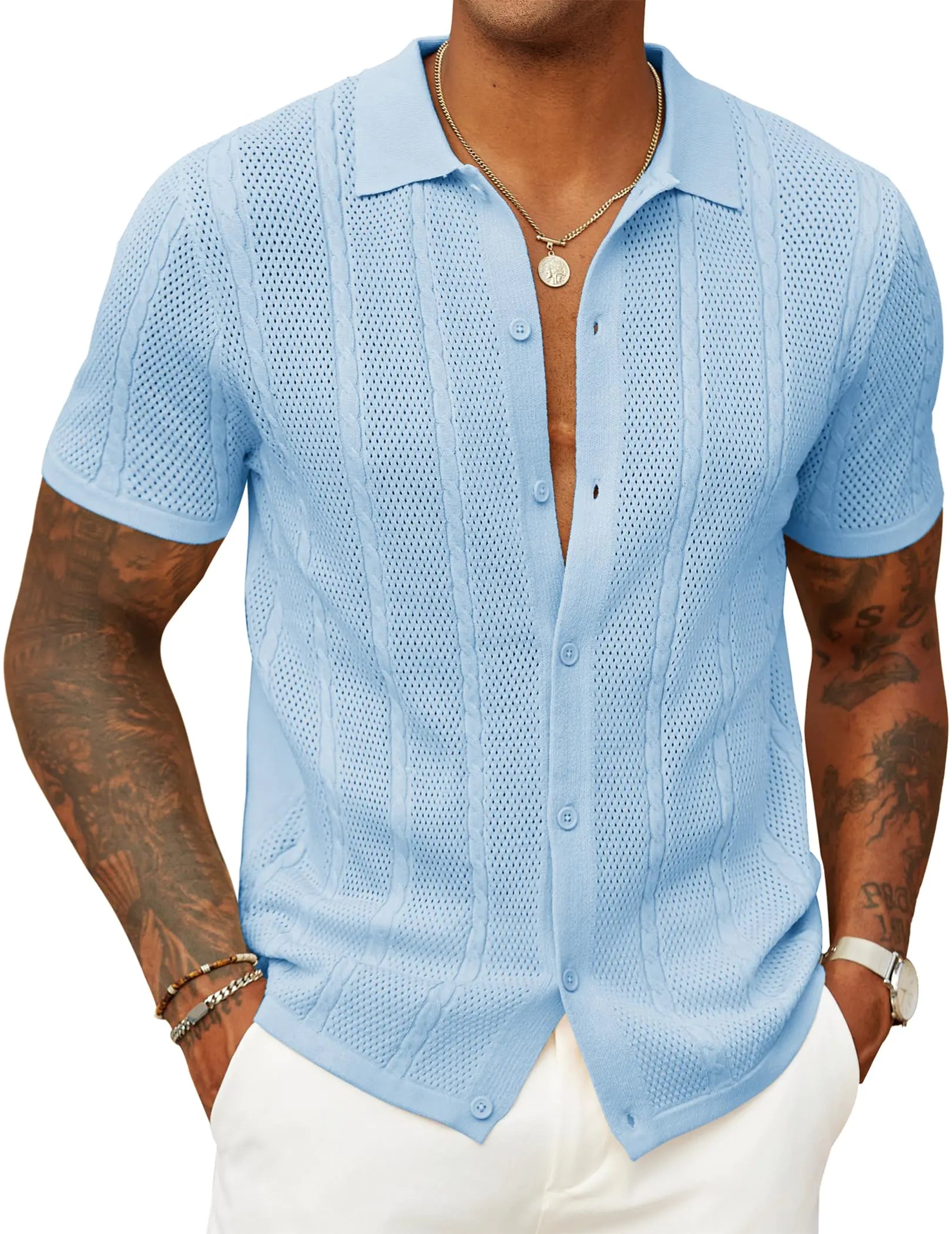COOFANDY Mens Summer Beach Shirt Knit Crochet Button Down Shirts Short Sleeve Retro Lightweight Hawaiian Shirt Fashion Resort Wear 2025 Light Blue
