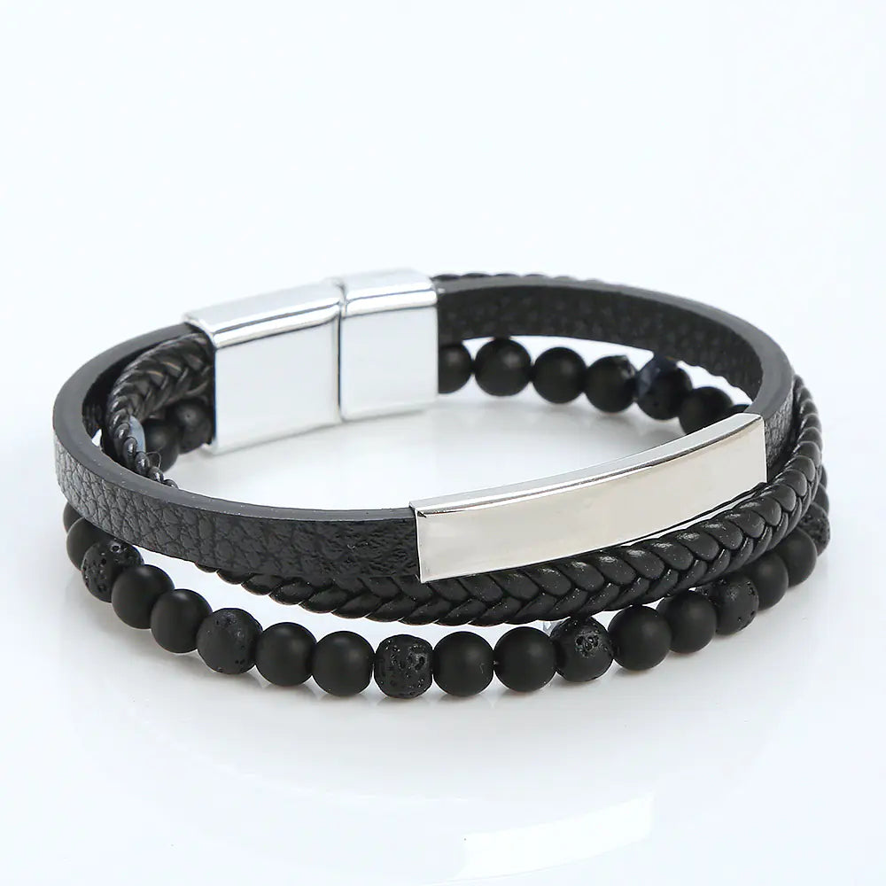 Men's Stainless Steel Leather Bracelet with Magnetic Clasp