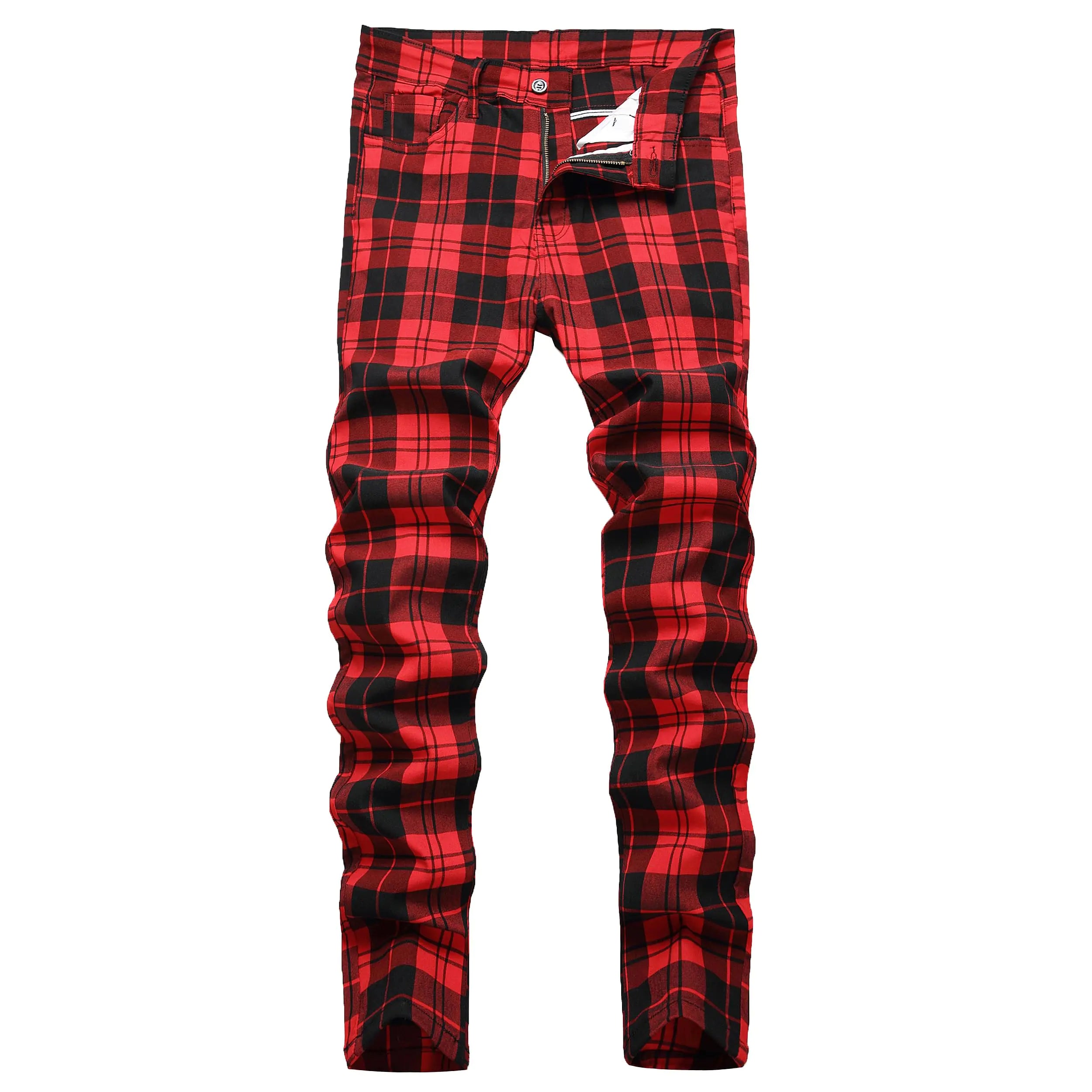 TENGINE Plaid Pants for Men Mens Skinny Stretch Slim fit Chinos Golf Business Dress Casual Pants RedPlaid-38
