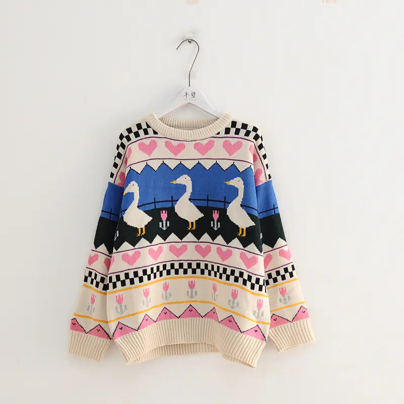 Heart Duck Loose Long Sleeve Sweater for Girls