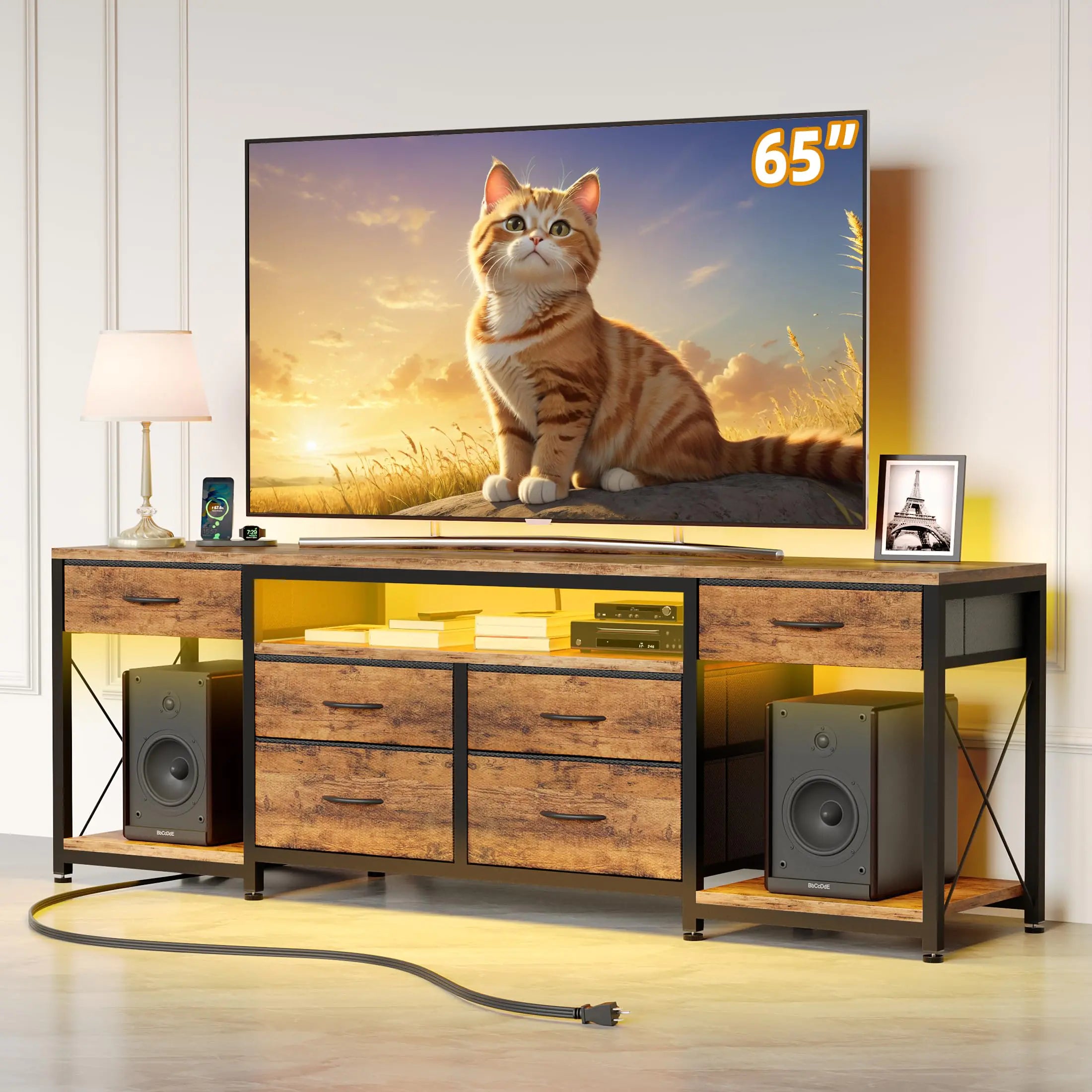 GYIIYUO LED TV Stand with 6 Fabric Drawers and Power Outlet for 55 60 65 Inch TVs Entertainment Center with Open Storage Shelves Dresser TV Stand for Bedroom/Living RoomRustic Brown