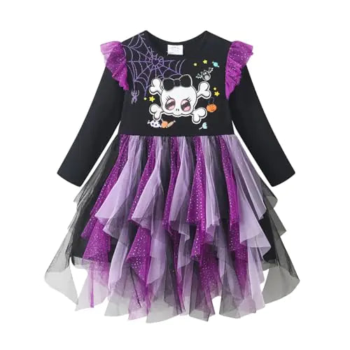 VIKITA Toddler Girls Party Dress for Halloween Shiny Spider Bat Ruffle Layered Tulle Tutu Princess Dress 7-8Y