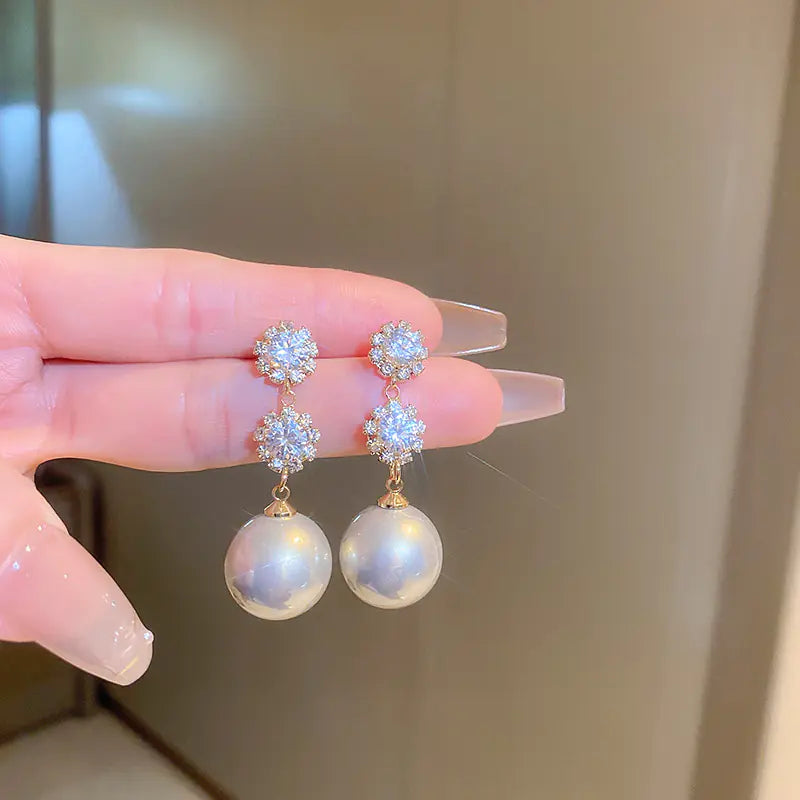 Silver Needle French Baroque Pearl Flower Tassel Earrings