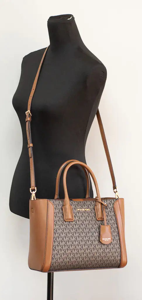 Michael Kors Kali Medium Brown Pale Gold Signature PVC Satchel iPad Case Handbag