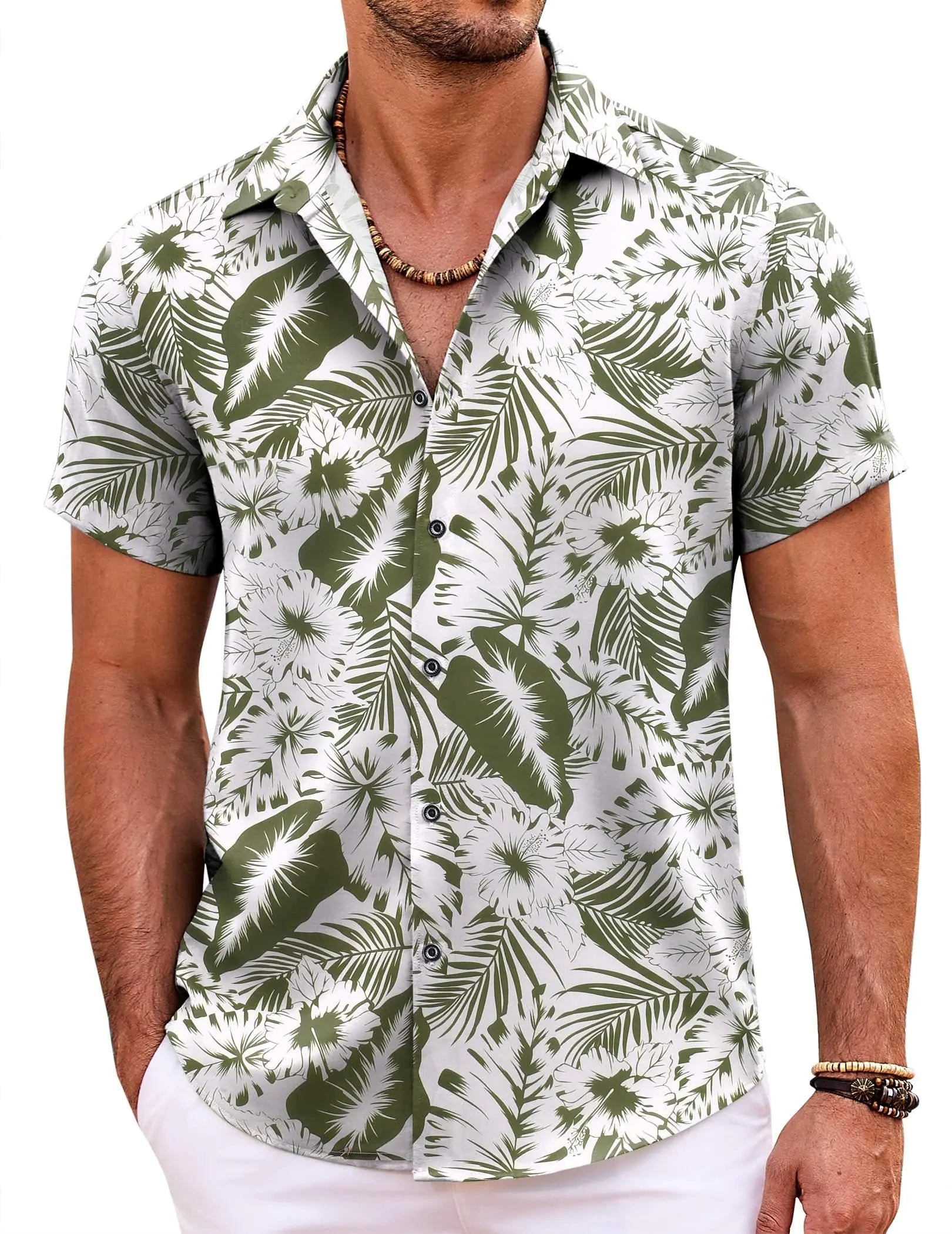 COOFANDY Mens Hawaiian Shirt Short Sleeve Button Down Shirts Tropical Summer Beach Shirts Casual Floral Aloha Shirts Green-Tropical Floral