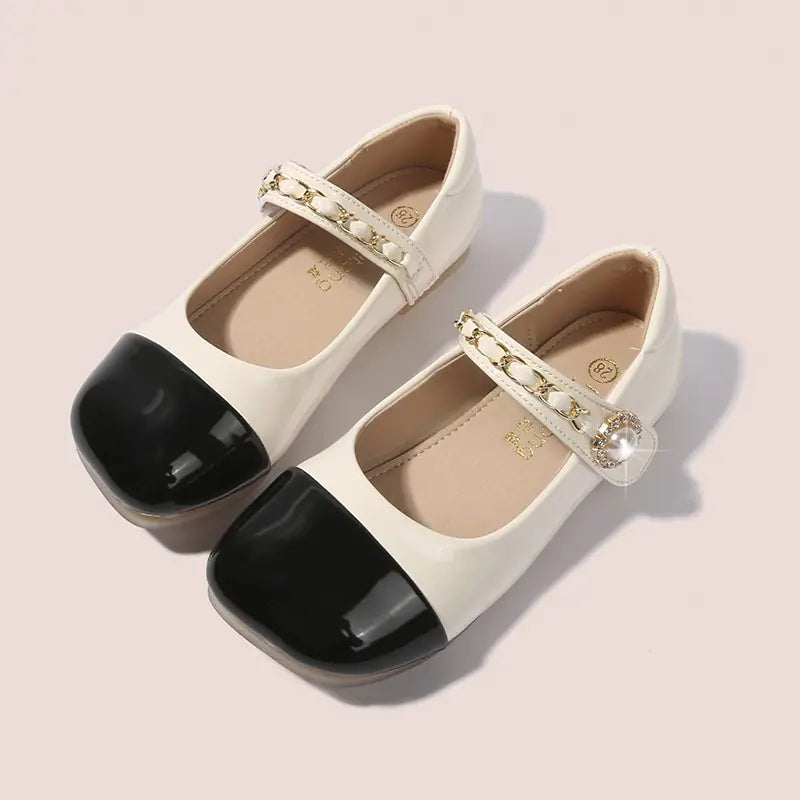 Kids Leather Mary Jane Flat Shoes with Pearl Chain