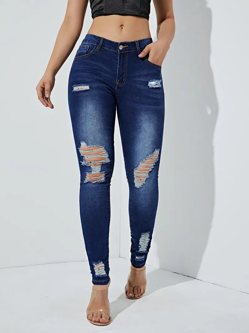 Blue Ripped Skinny Leg High Waist Denim Jeans for Women