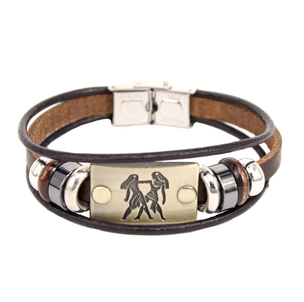 Zodiac Leather Bracelet with Stainless Steel Clasp