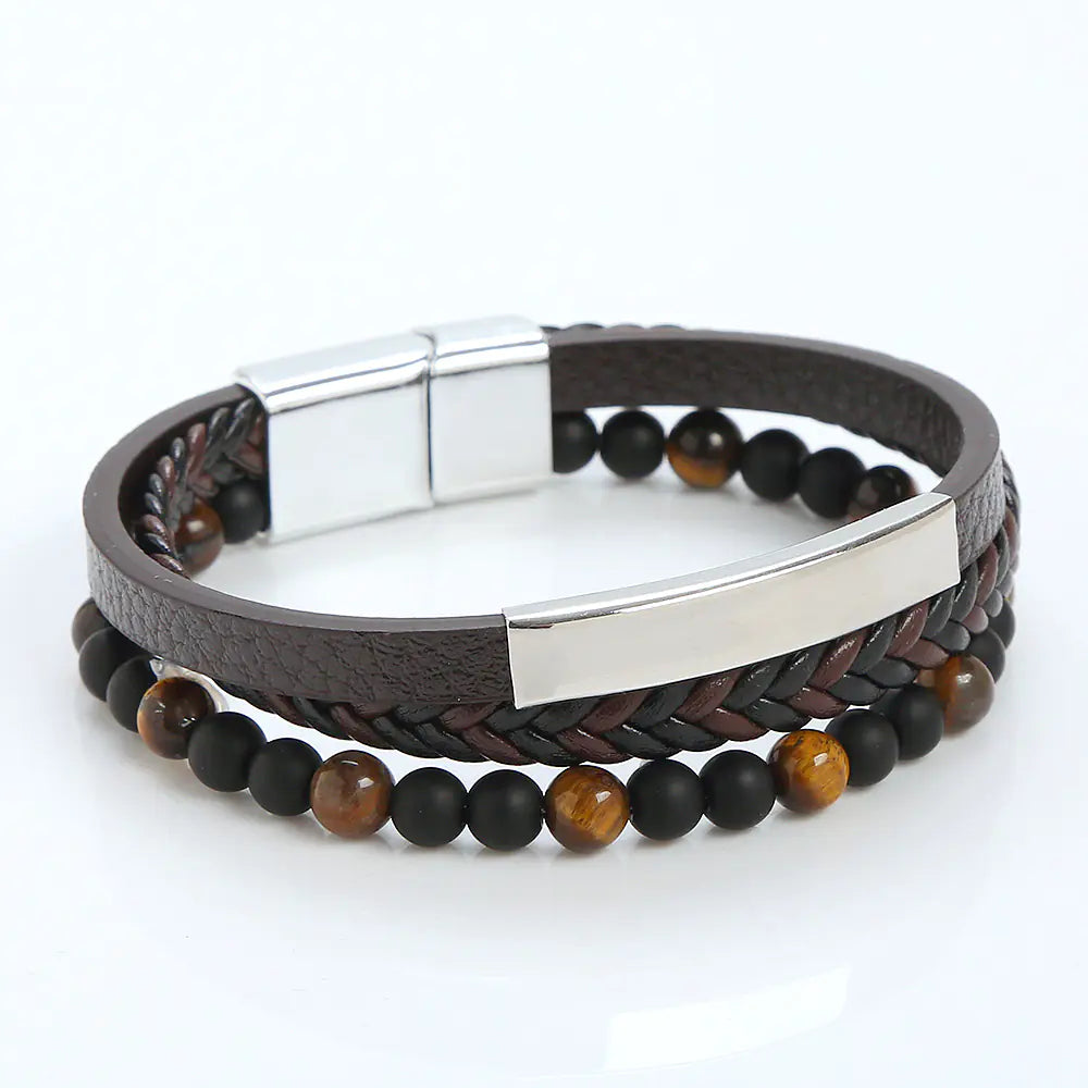 Men's Stainless Steel Leather Bracelet with Magnetic Clasp