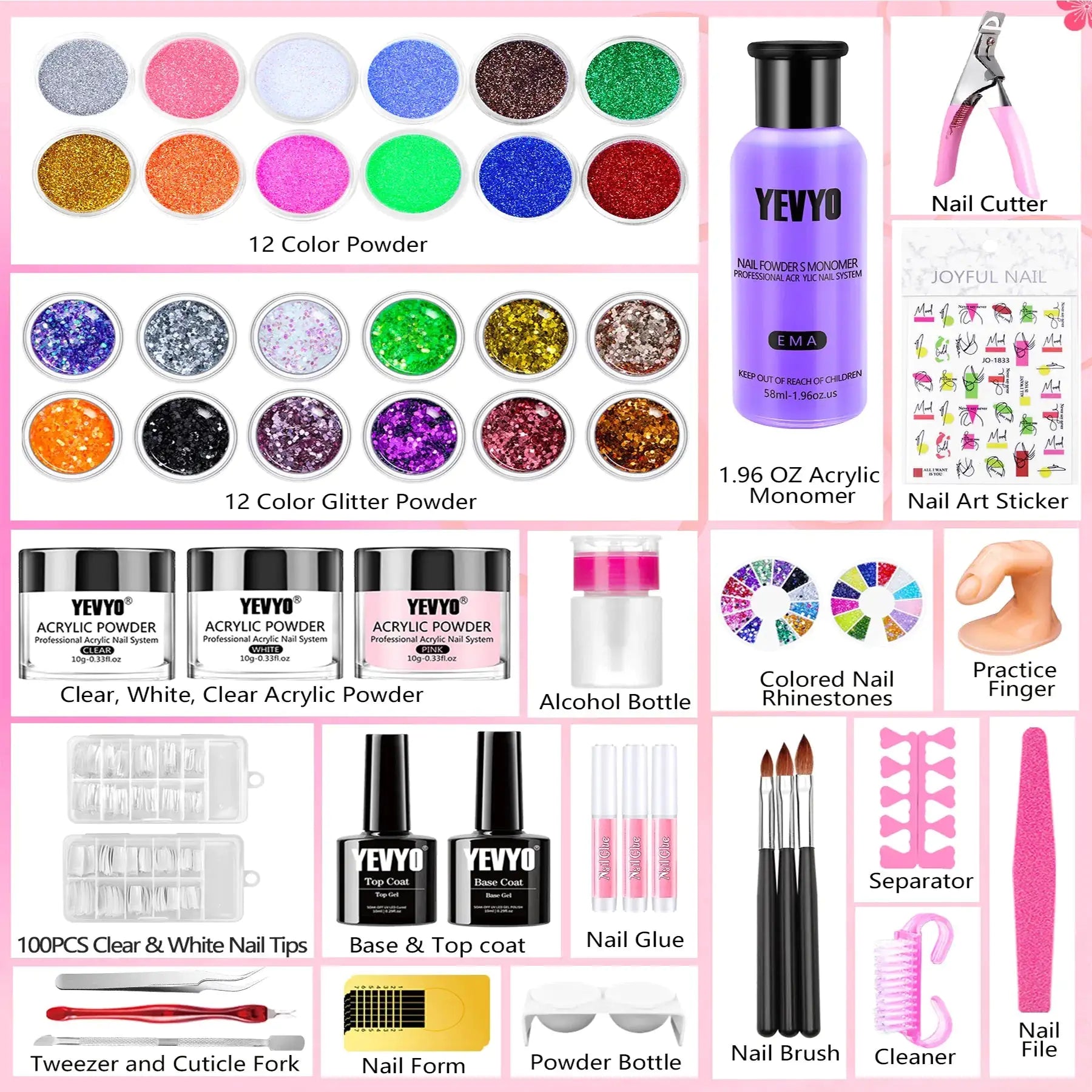 Acrylic Nail Kit, 24 Color Glitter Acrylic Powder Monomer Liquid Set, Nail Kit Set Professional With Everything Acrylic Brushes And 200 Pcs Nail Tips For Extension Beginner
