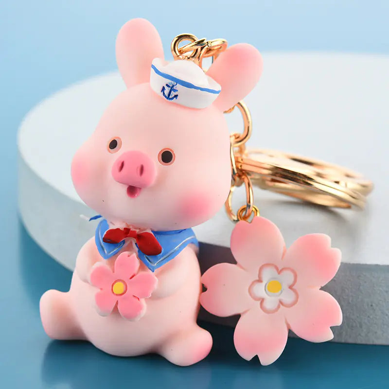 3D Cute Pink Pig Flower Keychain for School Bags