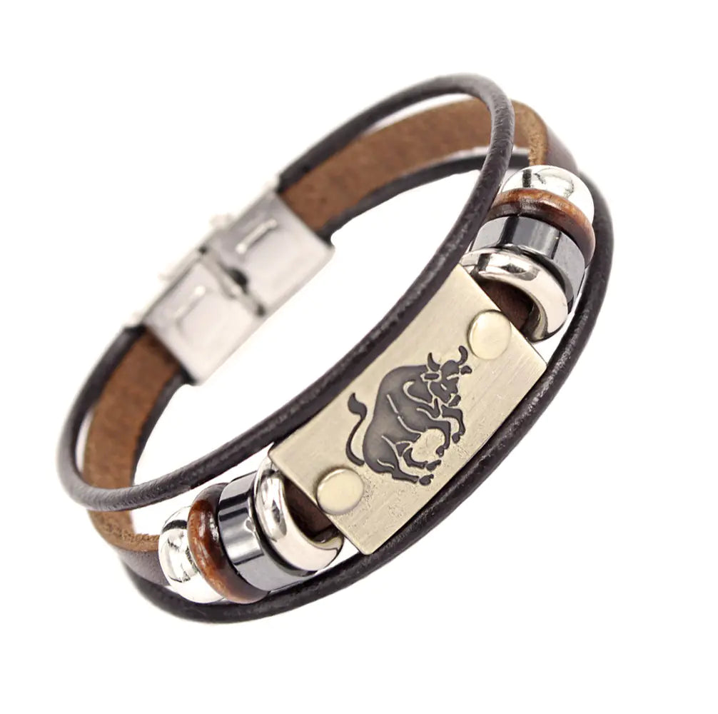 Zodiac Leather Bracelet with Stainless Steel Clasp