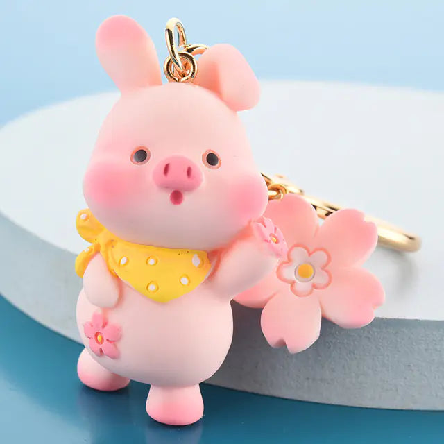 3D Cute Pink Pig Flower Keychain for School Bags