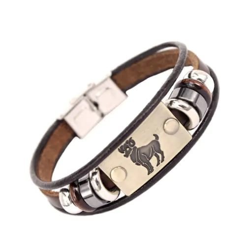 Zodiac Leather Bracelet with Stainless Steel Clasp