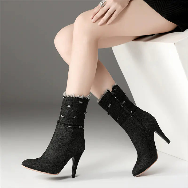 Pointed Toe High Heel Ripped Women's Denim Ankle Boots