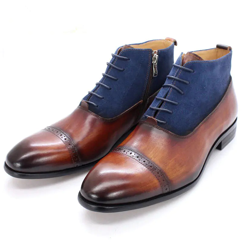 Men's Leather Pointed Toe Brogue Martin Boots