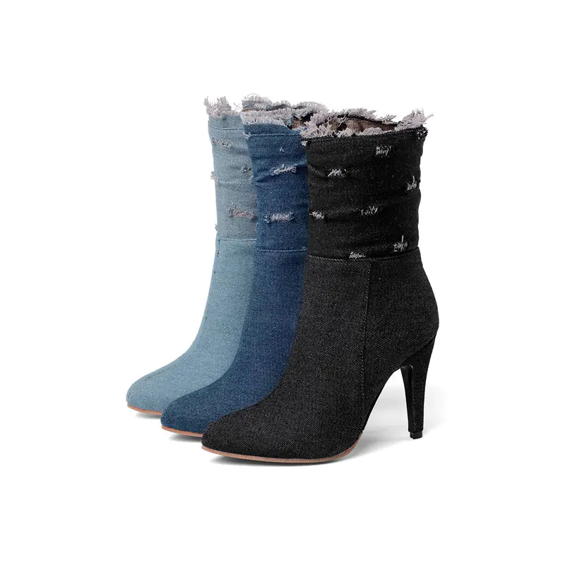 Pointed Toe High Heel Ripped Women's Denim Ankle Boots