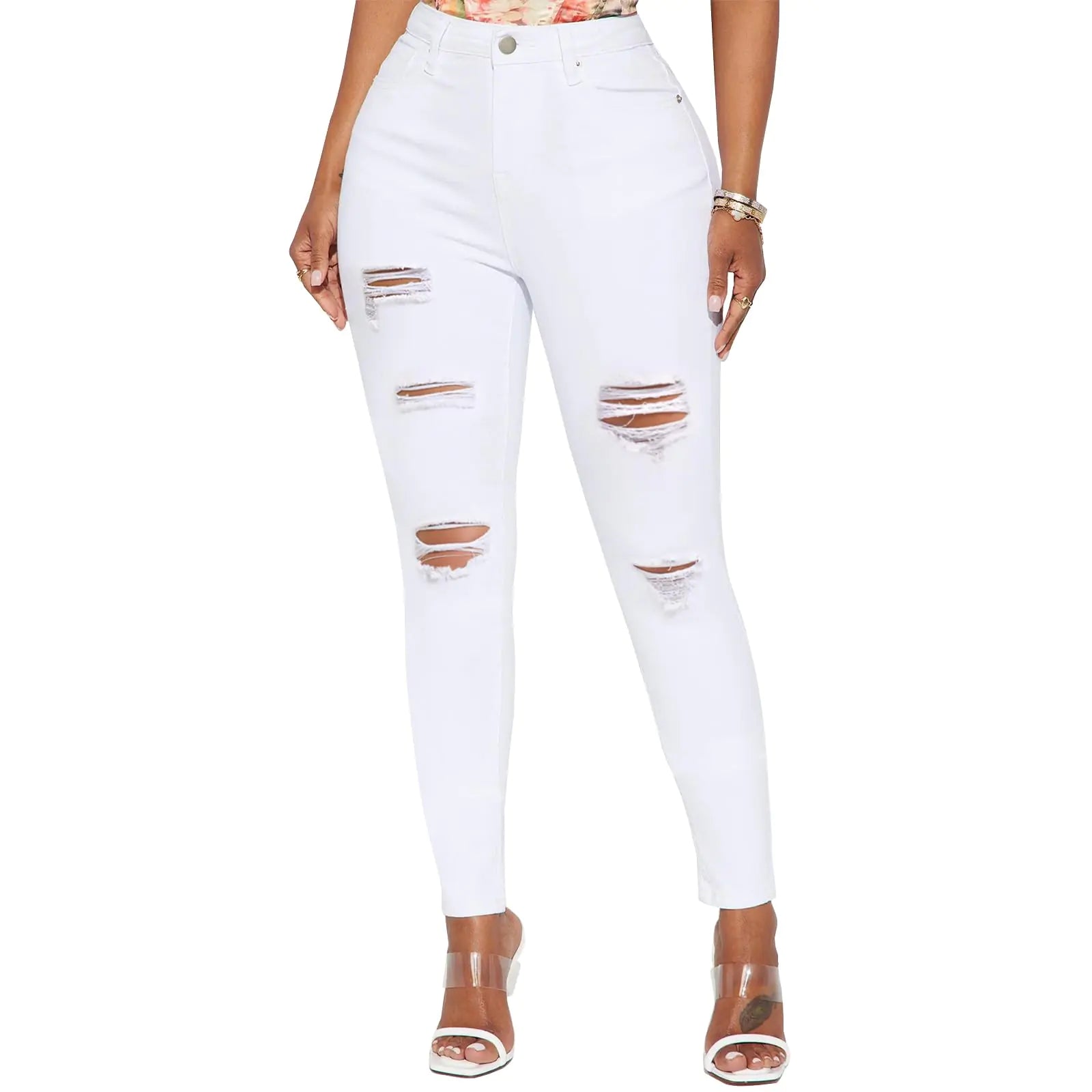 LONGBIDA High Waisted Ripped Skinny Jeans for Women Slim Fit Stretchy Distressed Jeans Y2K Destroyed Ankle Denim Pants(WhiteS)