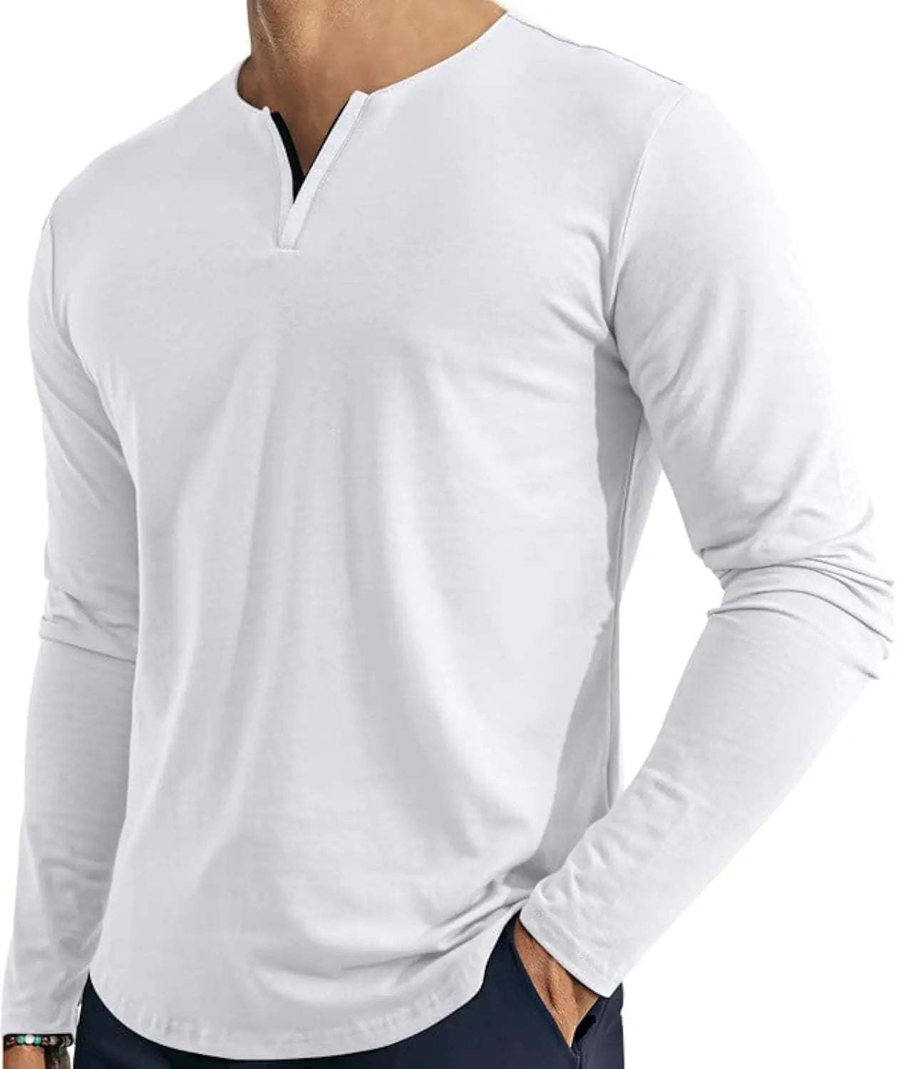 Dokotoo Men Mens V Neck Long Sleeve Shirts Casual Henley Cotton T-Shirts Longline Fitted Basic Tops White M