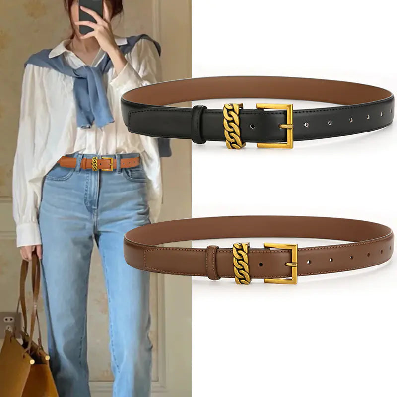 Vintage Women's Leather Belt with Alloy Buckle