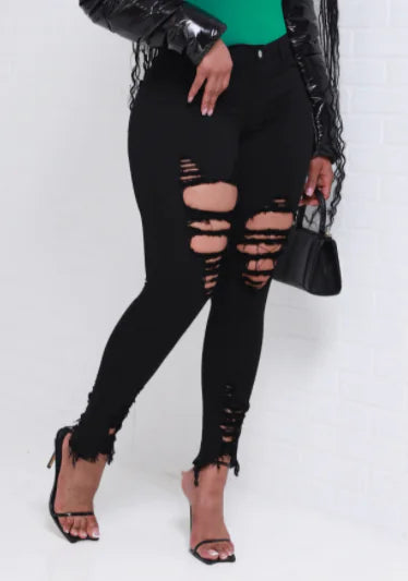 Black Ripped Skinny Jeans with High Waist Slim Fit