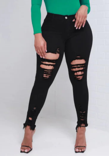 Black Ripped Skinny Jeans with High Waist Slim Fit