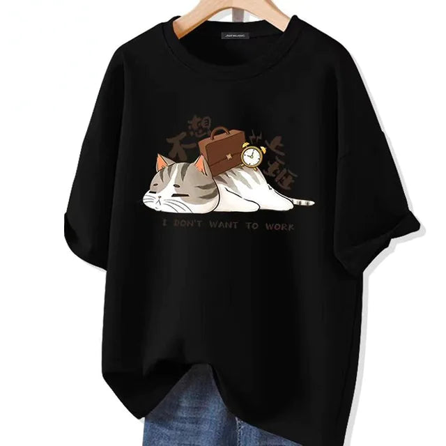 Kawaii Cat Graphic Oversized Cotton T-Shirt for Summer