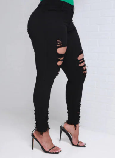 Black Ripped Skinny Jeans with High Waist Slim Fit