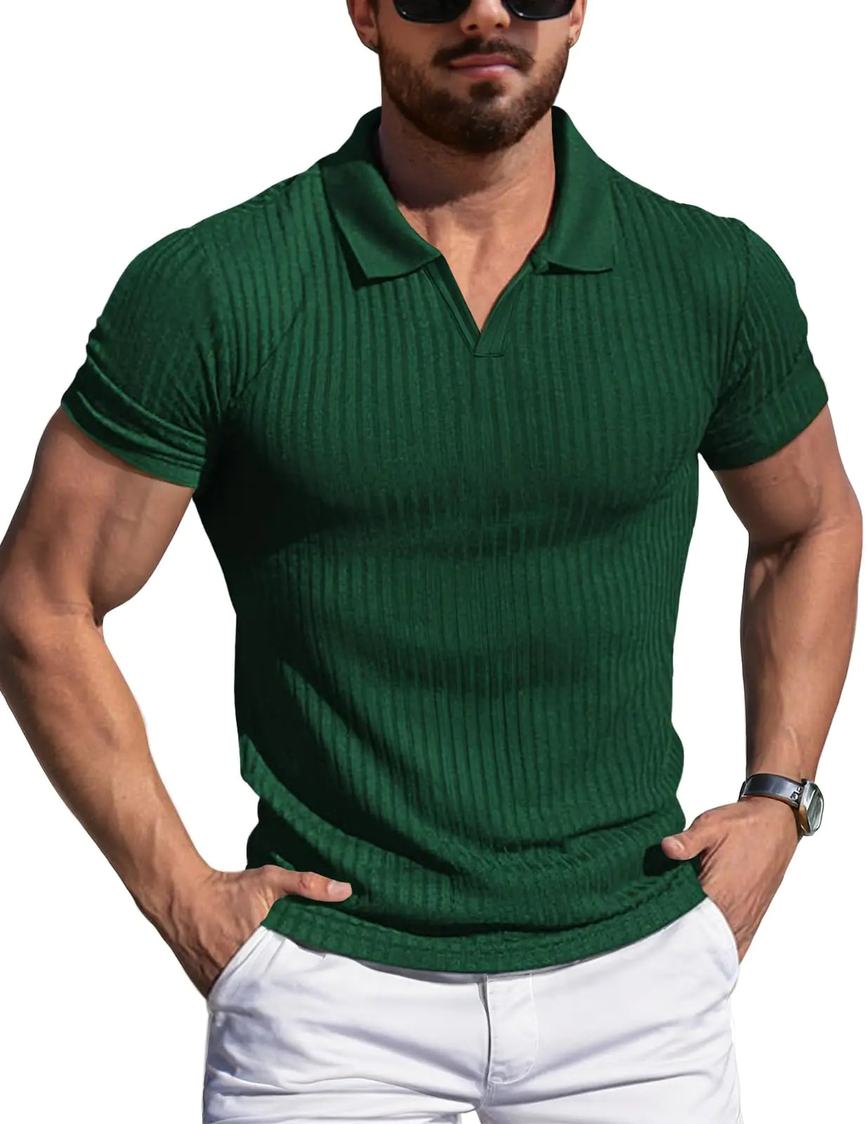 YTD Mens Muscle V Neck Polo Shirts Slim Fit Solid Short Sleeve Golf T-Shirts Ribbed Knit Soft Tees S Dark Green