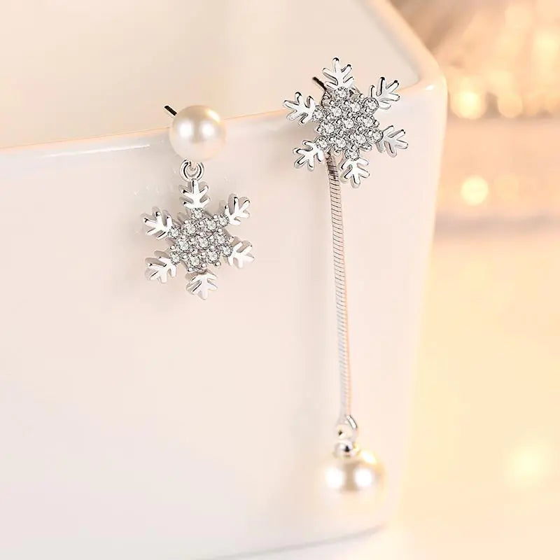 S925 Silver Korean Style Pearl Snowflake Earrings