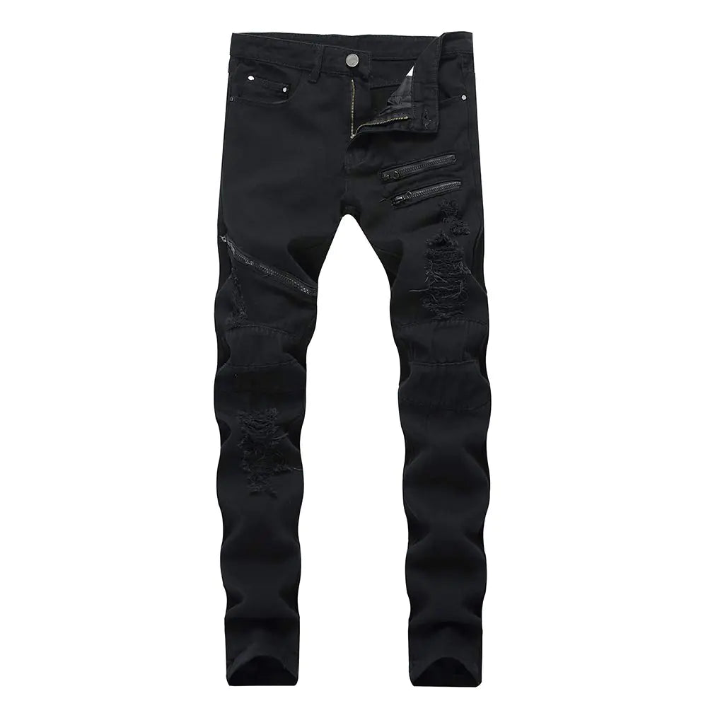 LONGBIDA Mens Ripped Skinny Jeans Stretchy Slim Fit Destroyed Zipper Design Denim Pants(Black32)