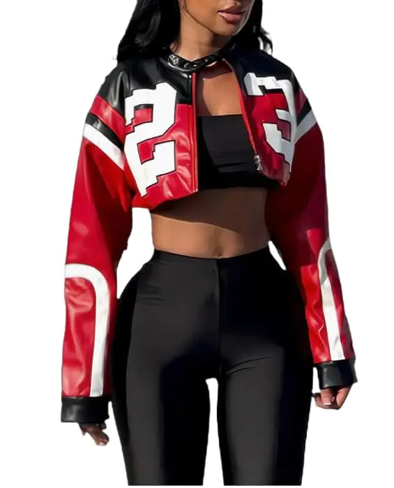 VOIKERDR Leather Jacket Cropped Jacket Motorcycle Jacket Y2K Letter Bomber Jacket Women Faux Leather Jacket Streetwear