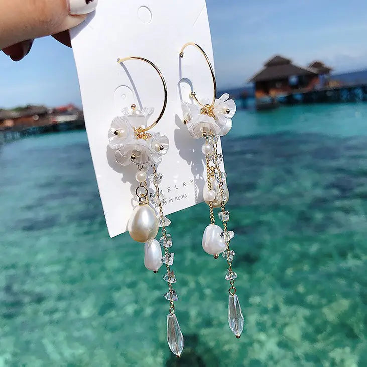 Baroque Shell Flower Tassel Earrings